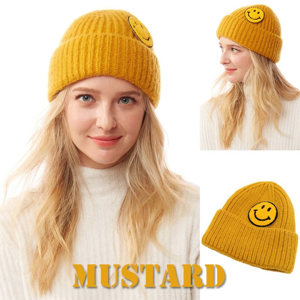 NEW Smile Smiley Happy Face Patch Cozy Soft Rib Knit Beanie Hat Ivory Black Gray - Picture 8 of 14